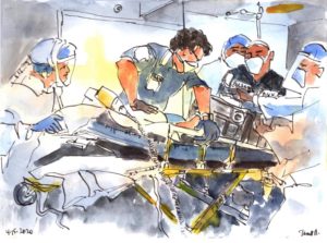 An artistic depiction (drawn and/or painted) of a racially diverse group of 5 doctors, other hospital professionals and one man with a blue uniform that says FDNY. Everyone wears a protective face mask and two workers wear shields. A patient lies on a gurney.