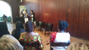 Three students Anastasia Farley, Maia Washington, and Cin'Shea Williams from the Writers in Baltimore Schools program providing remarks at the One Maryland One Book author reception.