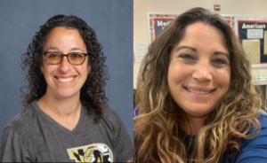 Two photos next to each other in one. The first (on the left) is of Stephanie Gomer, a white woman with dark curly hair worn down and glasses. She wears a gray t-shirt with a "P" on it, showing a falcon mascot, the mascot for Poolesville High School where she teaches. The second is of Erin Spahr, a blonde/dirty blonde-haired white woman wearing her hair down. She smiles and wears a long blue t-shirt. She is in in a classroom and on the wall is a bulletin board that says "American Studies 1."