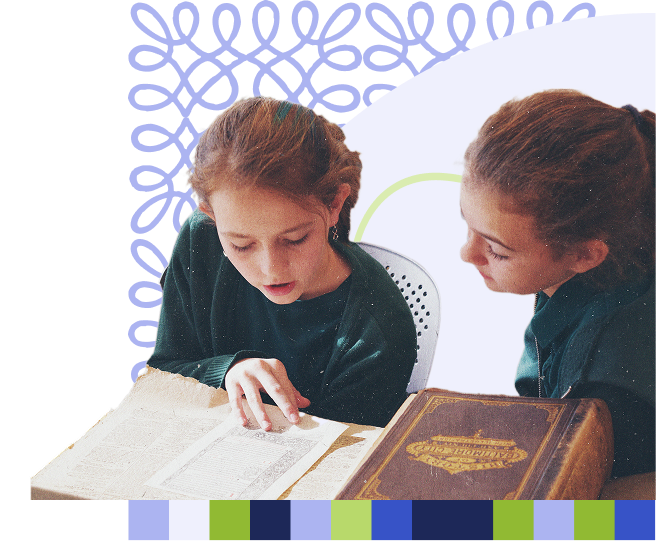 Composite image of young people reading a book with layered graphic elements