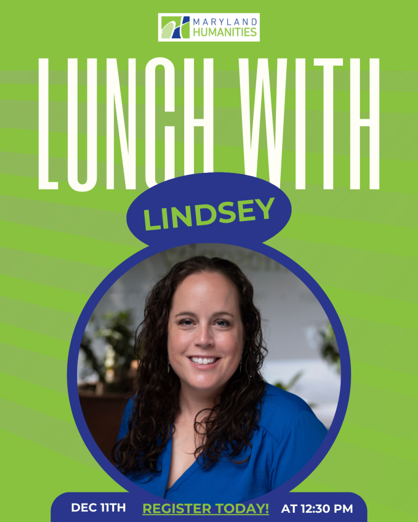 Image reads "Lunch with Lindsey" and features a headshot of Lindsey; a smiling woman in a blue shirt