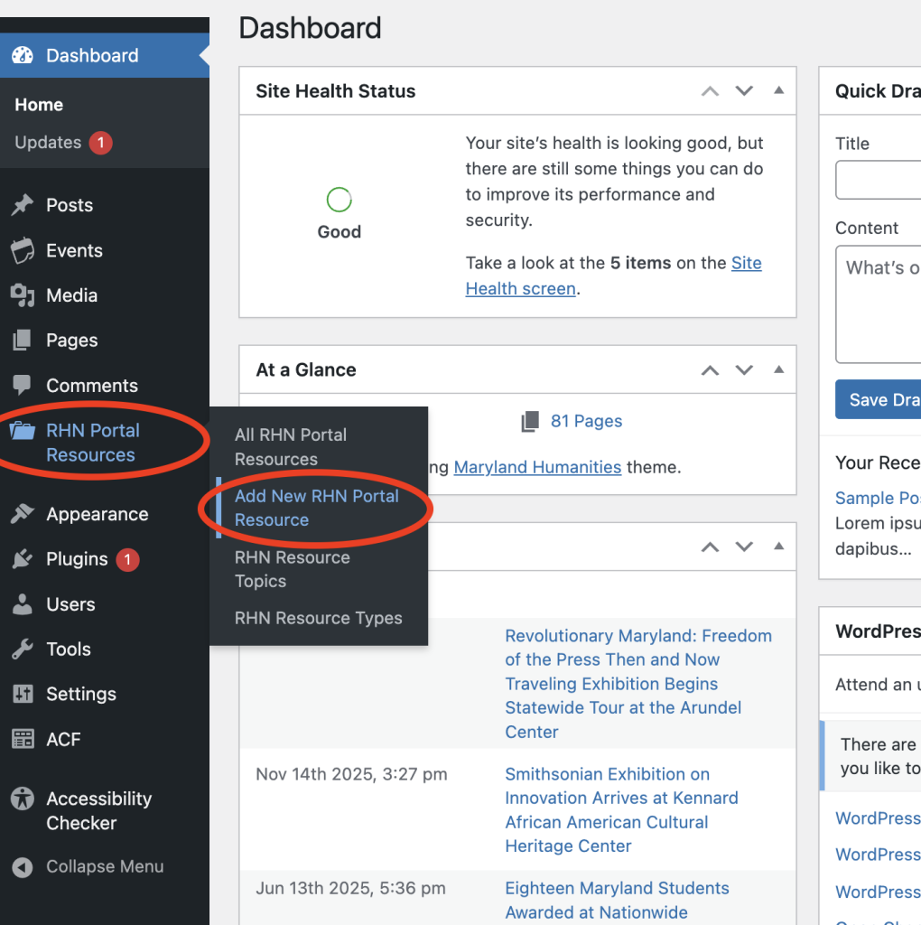 Screenshot of location of "Add New Resource" in Admin Menu.