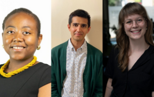 3 professional headshots are collaged into one. On the left is a headshot of Alexandra Cenatus, a Black woman with short hair. She wears a dressy black top, a yellow beaded necklace, and gold earrings. In the middle is a headshot of Aditya Desai, an Indian man with short brown hair. He wears a pine green cardigan and a white button-down shirt with a pattern on it (that includes a matching green, blue, and light pink.) On the right is a headshot of Lou Williams, white person who uses she and they pronouns. Lou has shoulder-length dirty blonde hair and glasses, smiles. They wear a dressy, short-sleeved, black blouse.