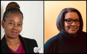 2 Combined photos: one headshot of Alicia McLeod and another of Andrea Lewis. On the left, McLeod, a Black woman who has heir hair braided and in an updo. She wears a black blazer, a magenta patterned shirt, gold hoop earrings and a gold necklace. The background is white. In the bottom right corner is a small logo for Pam Leng Photography. On the right is a professional headshot of Lewis, a Black woman with glasses and straight, shoulder-length hair. She wears a black turtleneck. The background is a faint yellow.