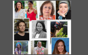 A collage, designed to mimic one in a scrapbook, of ten immigrant women from various countries and in various skin tones.