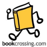 A logo that says "BookCrossing.com" on the bottom. The logo is a cartoon, sort-of anthropomorphic book with stick legs and arms, and circles as hands and feet. It is walking to the left.