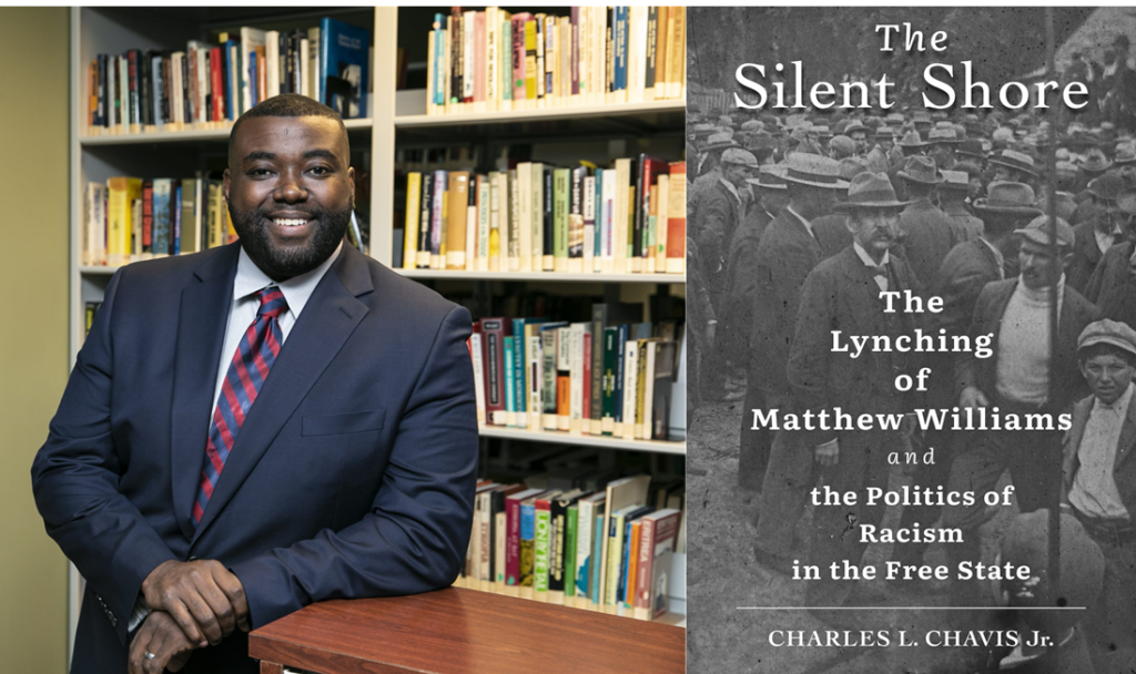 Combined image of author Charles L. Chavis Jr. and the cover of his book "The Silent Shore"