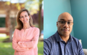 A combined photo of two photos. On the left, stands a white woman with dirty blonde hair in a long-sleeved pale pink shirt. On the right, is a Black man with glasses and a blue polo shirt in front of a blue wall.