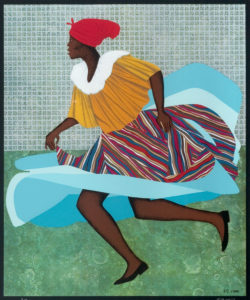 A work of Elizabeth Catlett's of painting of a Black woman running. She wears a red headscarf, a yellow blouse, and a multi-colored skirt, with purple and pink stripes on top, with bright blue at the bottom.