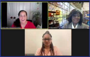 A screenshot from a Zoom webinar with Lindsey Baker top right, a White woman in a red blouse; Tonya Aikens, top left, a Black woman in a brown blazer; and Alicia MccLeod, bottom, a Black woman in a coral shirt.