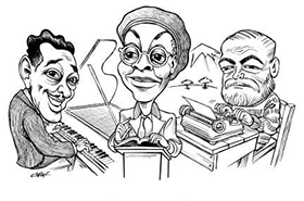 Duke Ellington, Gwendolyn Brooks, and Ernest Hemingway Chautauqua caricature