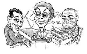 Tom Chalkley caricature of Ellington, Brooks, and Hemingway