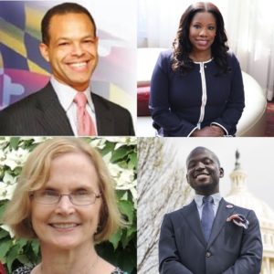 A combination of 4 individual photographs (clockwise starting at the top left): Senator Malcolm Augustine is a Black man with black blazer and pink tie, in front of a backgroudn with the Maryland flag. Aisha N. Braveboy is a Black woman with a navy jacket with a white stripe down the middle; Dr. Oye Owolewa wears a gray blazer and blue tie, in front of a D.C. building; and Barbra Crain, a white blonde woman in front of a tree with flowers on it.