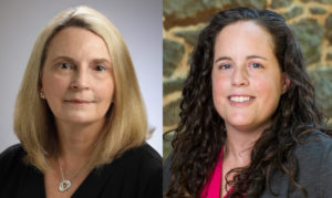 Two photos compiled: on the left, Mary Hastler, a white woman with blonde hair, in a black V-Neck in front of a gray background. On the right, Lindsey Baker, a white woman with brown hair, pink shirt and gray cardigan in front of a brick background.