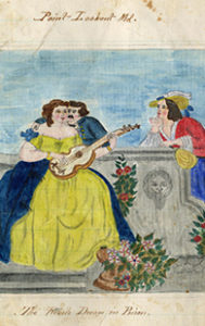 Omenhausser, a Confederate prisoner of war, sketched this fantasy of a better life during his confinement at Point Lookout, Maryland. The unusually shaped guitar that the woman strums was likely drawn from memory and not an actual model, yet the opulent scene of courting a wealthy woman remains timeless. Maryland Manuscripts Collection, item 5213, Special Collections, University of Maryland.