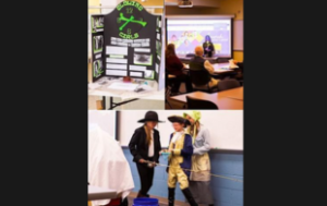 A college of 3 photographs: 2 are on the top and 1 is on the bottom. One is of a project on posterboard that says "Glowing Girls." Another is a white student in front of a slideshow presentation presenting to two white adults and the bottom image is of 3 white female students wearing Revolutionary War-era garb performing.