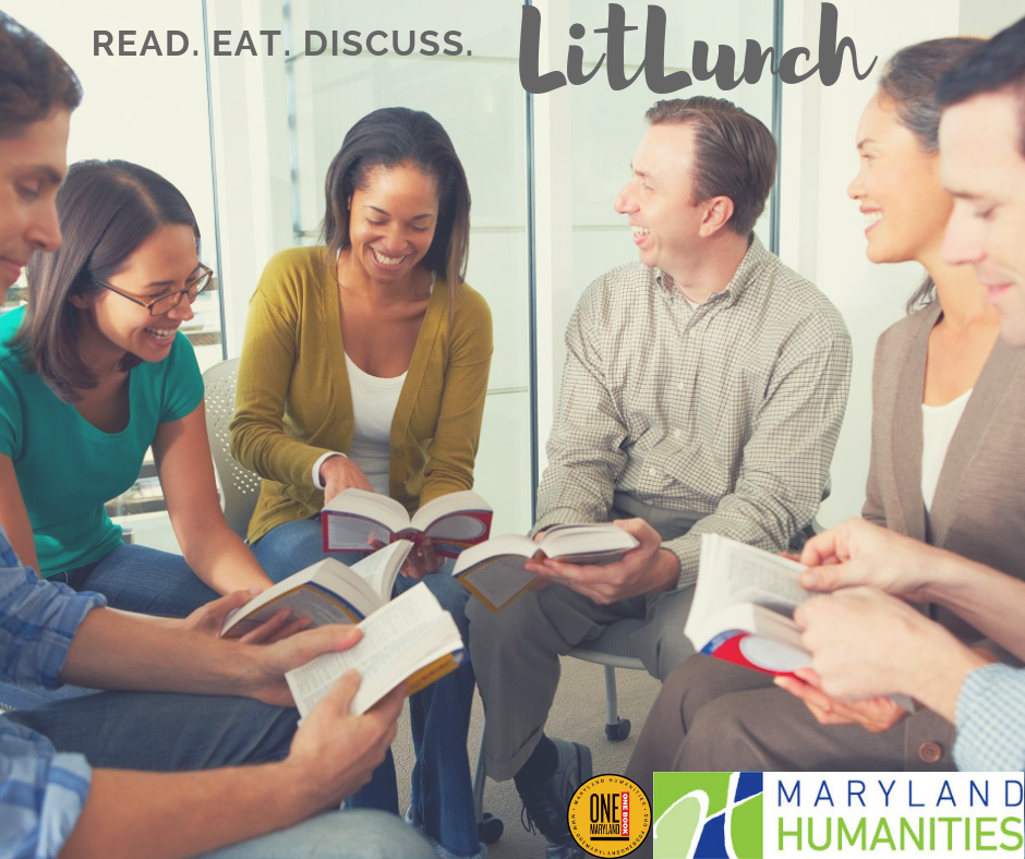 LitLunch 2018 (1) 2018 LitLunch image. Group of diverse people gathered discussing a book.