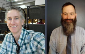 A collage of 2 photos, both of white men who are smiling. On the left is Devin Page, who has gray and curly hair and blue eyes. He wears a blue and green plaid shirt that is short-sleeved. He sits with his hand on his hip and sits in front of what look like bins of school supplies. On the right is Michael Yuscavage who has brown hair and full beard that goes several inches past his chin. He wears a gray button-down shirt and patterned tie. Michael sits in front of a darker gray photography backdrop.