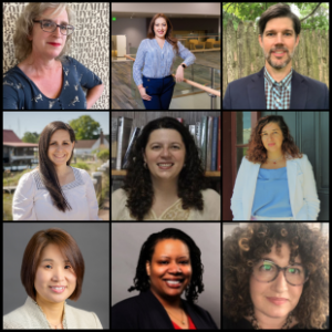 A square of nine individuals: each row consists of photos of three people. For the order of descriptions, the first, fourth, and seventh people listed are the first in their row starting with the left. They are: Rahne Alexander, a middle-white woman with glasses and light hair, smiles indoors. She gives a small smile and wears a dark blue dress or shirt with white tigers on it and red lipstick. The wall has a combination of letter or numbers but no distinct words are apparent. Alejandra Balcázarzar, a young to middle-aged light-skinned Latine woman, in a professional or classroom building on a college campus. She smiles and has long brown hair, wears a navy and light blue striped blouse, and navy slacks. Dr. Brian Casemore, a middle-aged white man, stands outside in front of a fence with trees in the backyard and smiles. He wears a checked button-down shirt and a navy blue blazer. Jill Ferris, a young to middle-aged white woman with long brown hair. She smiles and wears a white peasant-style blouse with navy blue trim around the collar. She stands in front of a landscape on Maryland’s Eastern Shore, with houses, water, grass, and trees in the background. Dr. Kara French, young to middle-aged white woman with dark red or brown curly hair, smiles in front of her bookshelf. She wears a cream-colored blouse with embroidery on top, and hoop earrings. Veronica Gallardo, a Latine woman with curly brown hair, poses by standing in front of her green door to a brown house. She subtly smiles and wears a white suit and light blue blouse. Ruth Kim, a young to middle-aged Korean American woman, wears a dressy tan jacket, dark grey top, and drop necklace. The background to her headshot is a simple gray. Christian Pulley, a middle-aged Black woman, smiles. She wears a black blazer and red top. The background is gray. Tamar Sarnoff, a white middle-aged person, with curly brown hair and glasses. She wears a black top, tortoise-shell necklace, and smiles.