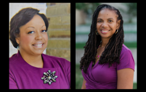 A collage of two photographs. The first photo, on the left, is a professional headshot of Kendra Brown. She is a Black woman with short black hair. She smiles and wears a magenta jacket and a broach. The right side of her looks to be in front of a brick wall, the left, in front of some sort of gray background. The second photo is a professional photograph of Dr. Kimberly R. Moffitt, a Black woman smiling. She has dreadlocks in a side part. She wears a short-sleeved magenta blouse and is in front of a blurry outdoor setting.