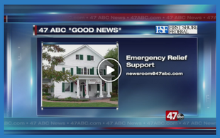 Screencap from a video from Channel 47ABC, says "47 ABC 'Good News.'" On the left, it says "Emegency Relief Support. newsroom47@abc.com." On the right is an old, white, historic building. There is the white "play" icon in the middle. On the bottom right is the 47 ABC logo.