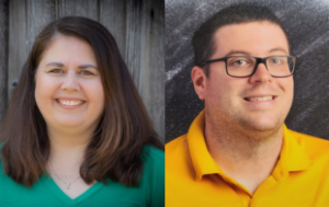 2 combined photos. The one on the left is Denise Kresslein, a white woman with straight (or straightened) brown hair and brown eyes. She wears a turquoise blouse. On the right is Thomas Stavely, a white man with glasses and brown hair. He wears a yellow polo.