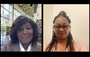 Screenshot of Zoom conversation between Tonya Aikens (left), a Black woman with a brown blazer and white shirt with a library background and Alicia McLeod, a Black woman with dreadlocks and a peach-colored blouse