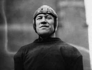 Original caption: James Thorpe (1888-1953), athlete, shown in his football gear.  Head and shoulders photograph.