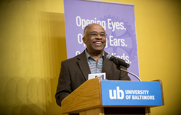 University of Baltimore president Kurt Schmoke welcomes guests to the 2016 Letters About Literature Awards Ceremony.
