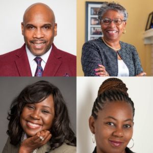 A square composite of four headshots. Starting with the top left: Omar Eaton-Martinez, a Black man wears a burgundy sport coat, white shirt, and burgundy and purple tie, and matching pocket square against a white background. Next, Tuajuanda Jones, a Black woman, has short grey hair and wears a Black and white jacket and white shirt underneath. Her arms are folded and her nails are painted bright pink. She is against a yellow background. Alicia McLeod is a Black woman with braided hair with a bun and a black sport coat. She has hoop earings and is in front of a white background. Tonya Aikens wears a gray sport coat and is infront of a gray background.