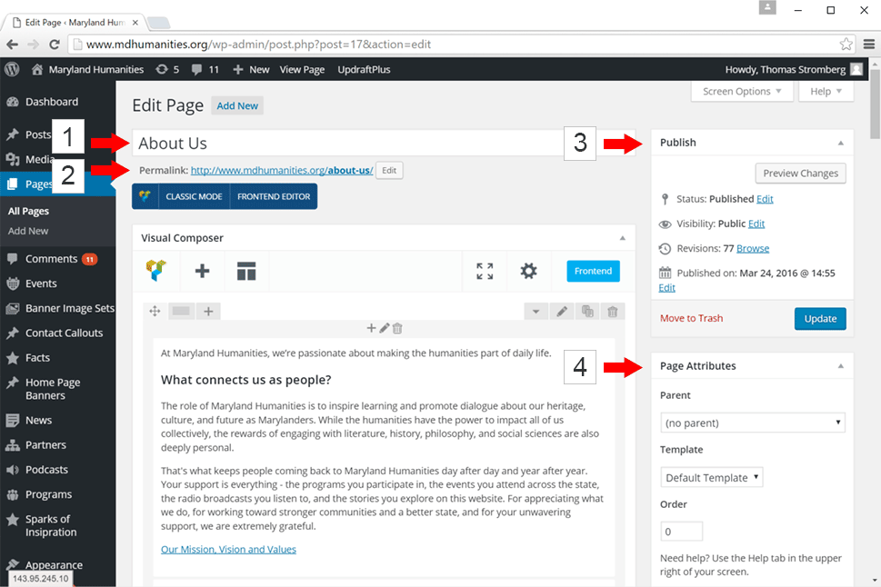 Screenshot of the WordPress Page Editor, highlighting editor elements