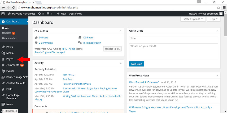 Screenshot of the WordPress dashboard, highlighting Pages